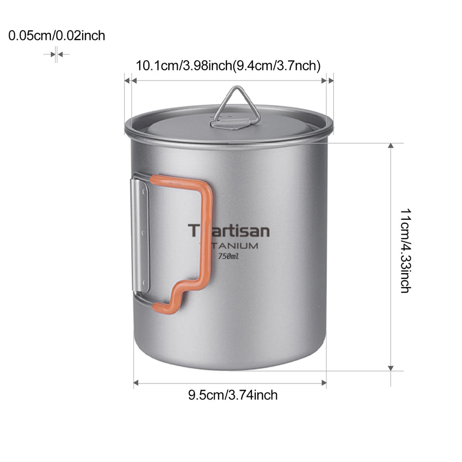 Titanium mug with dimensions labeled on a white background