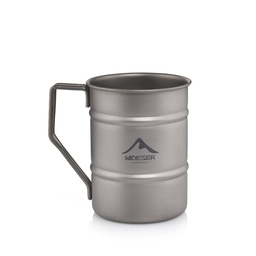 Titanium mug with handle on a white background, featuring the WIDESERA brand.