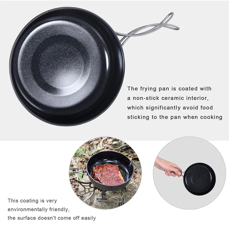 Frying pan with non-stick ceramic interior, used outdoors and indoors.