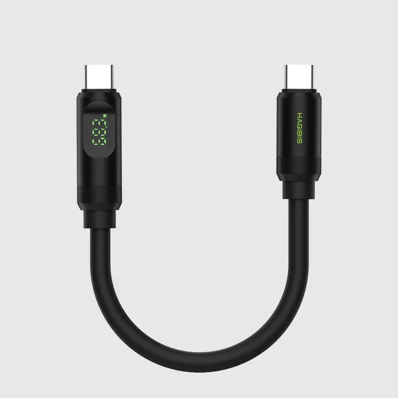 Black USB-C cable with digital display on a light gray background