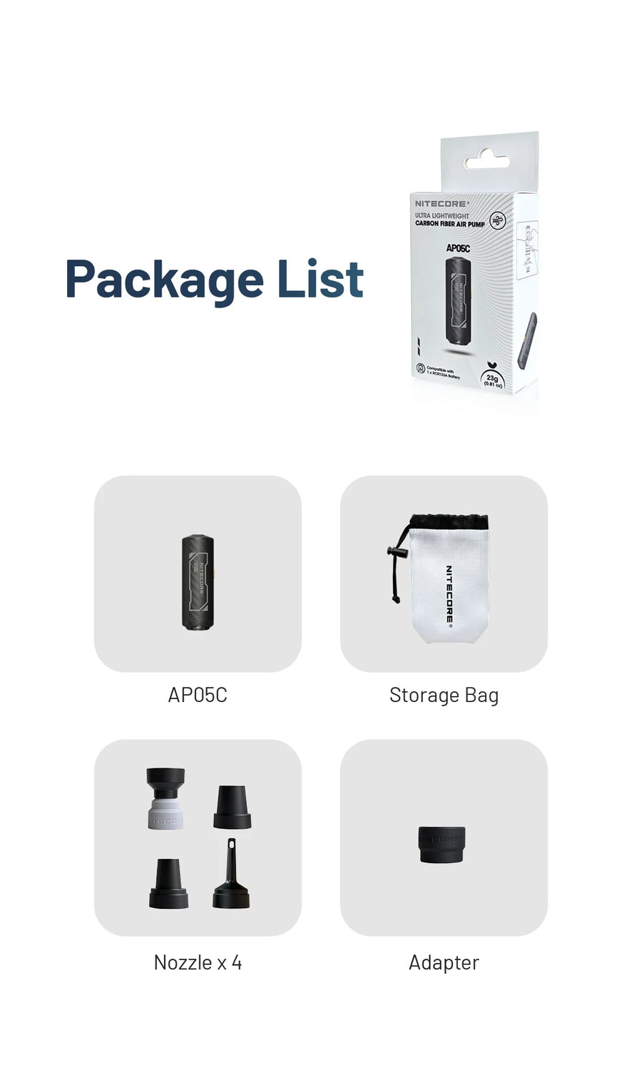 Package list with AP05C, storage bag, nozzles, and adapter on a white background