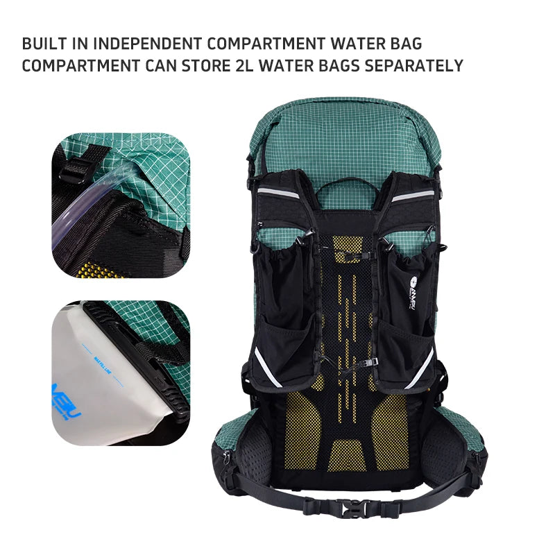 Green and black backpack with water bag compartment on a white background