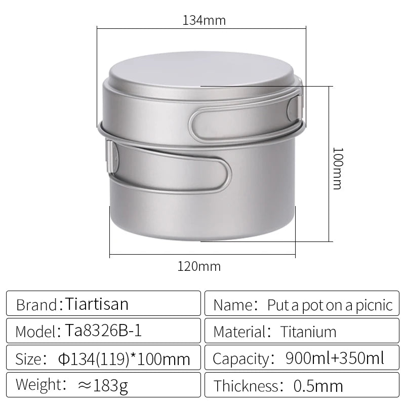 Titanium pot with dimensions and specifications on a white background