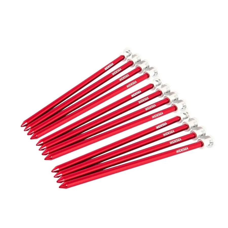 Red tent stakes with 'widesea' branding on a white background