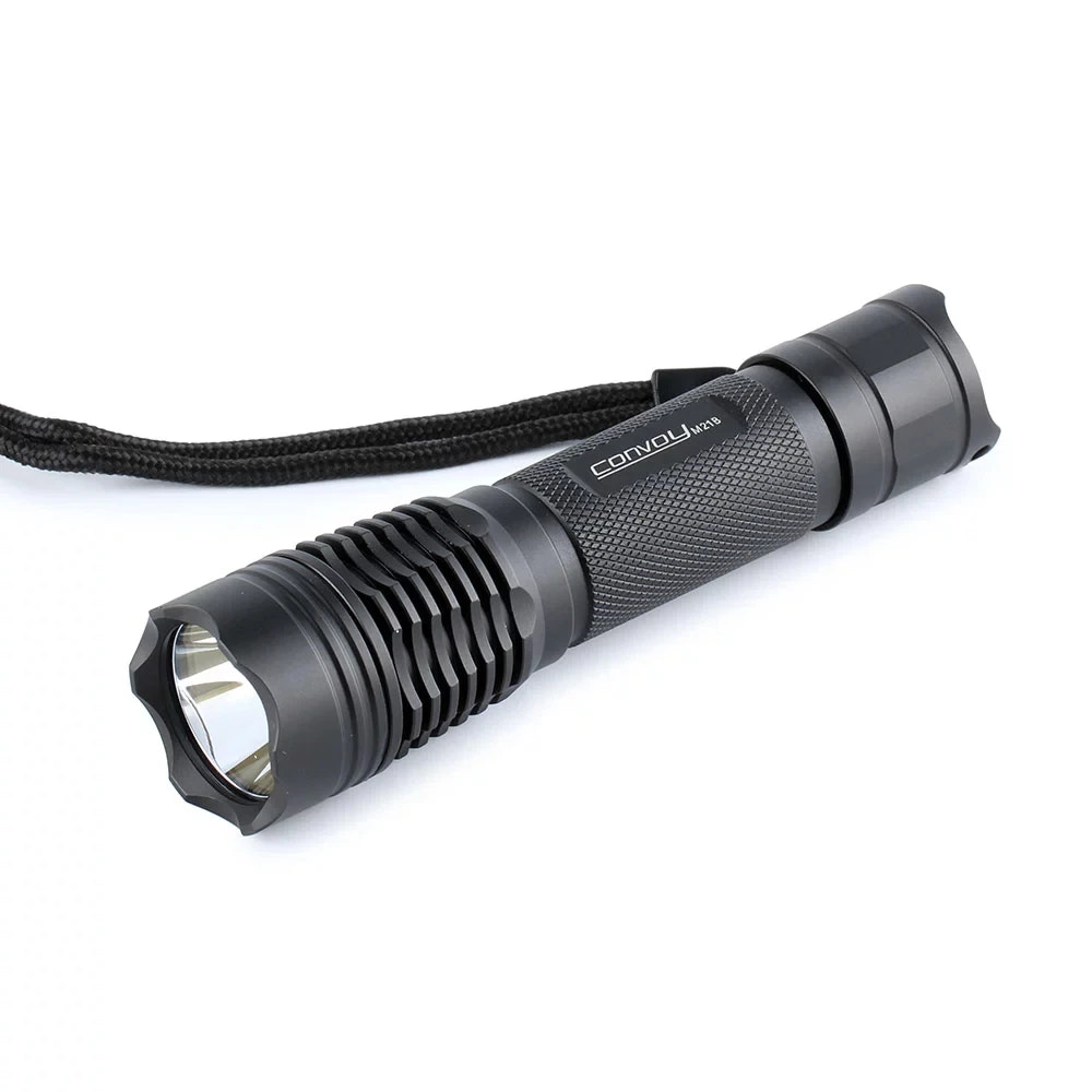 Black flashlight with a visible brand logo on a white background