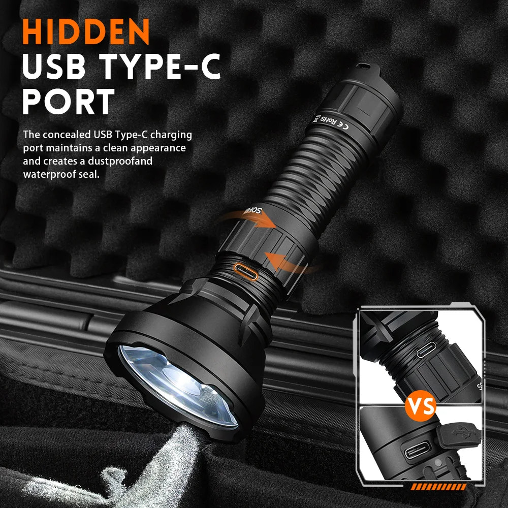 Black flashlight with USB Type-C port on a textured black background