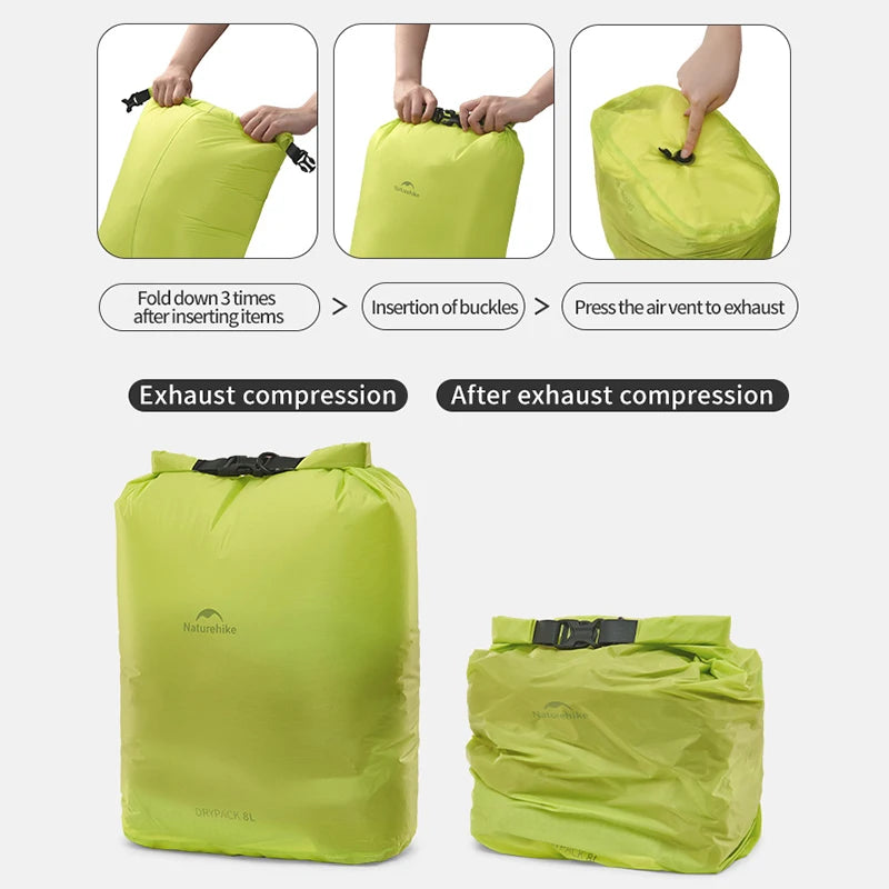 Instructions on how to compress a green compression bag with text labels.