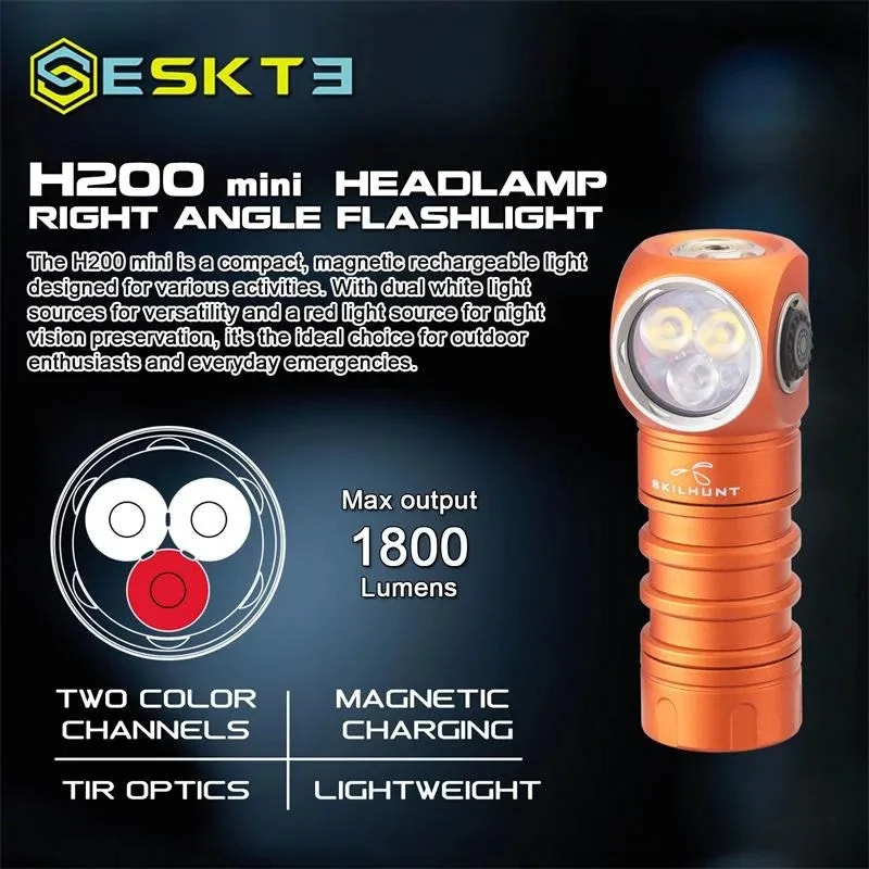 Orange headlamp with features and specifications on a dark background