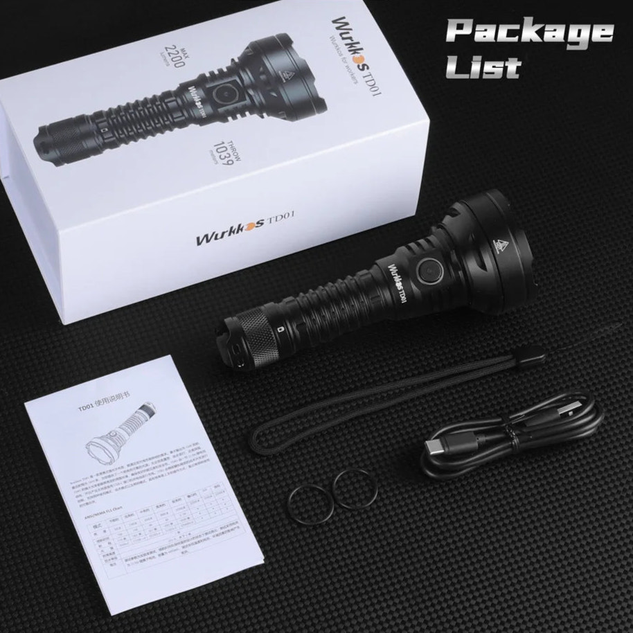 Wurkkos flashlight with packaging, user manual, and accessories on a dark textured surface.