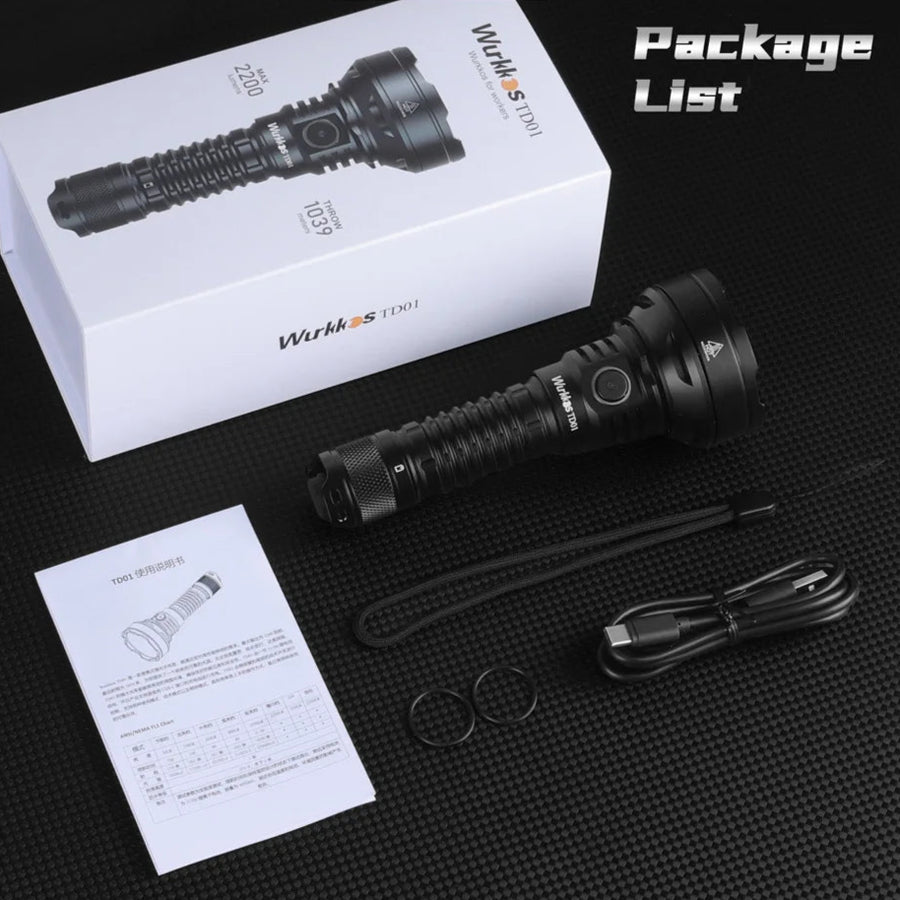Wurkkos flashlight with packaging, user manual, and accessories on a dark textured surface.