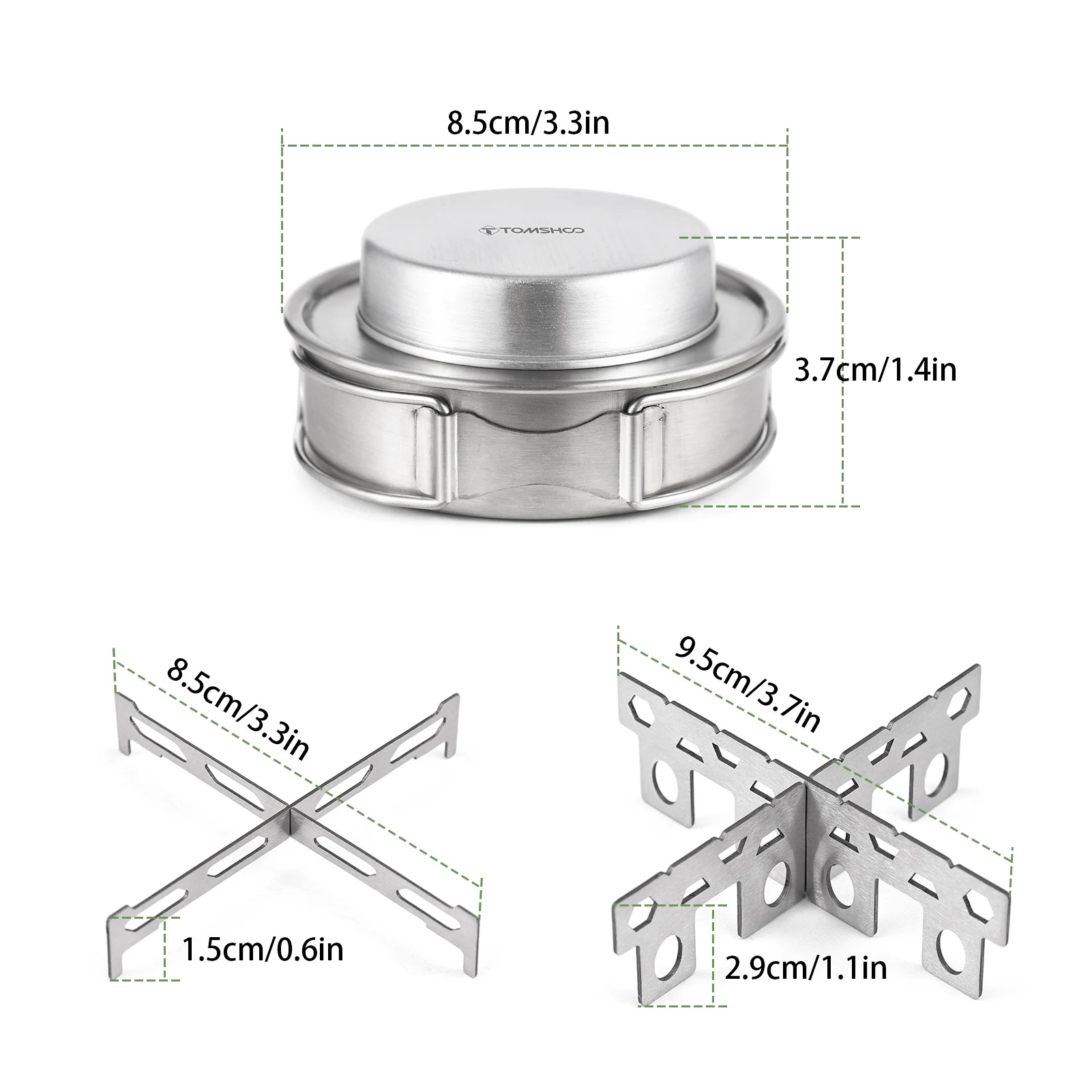 Stainless steel camping stove with dimensions labeled on a white background