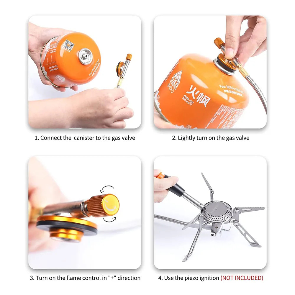 Step-by-step guide on how to use a gas stove with a canister, including connecting the canister, turning on the gas valve, and using the flame control.