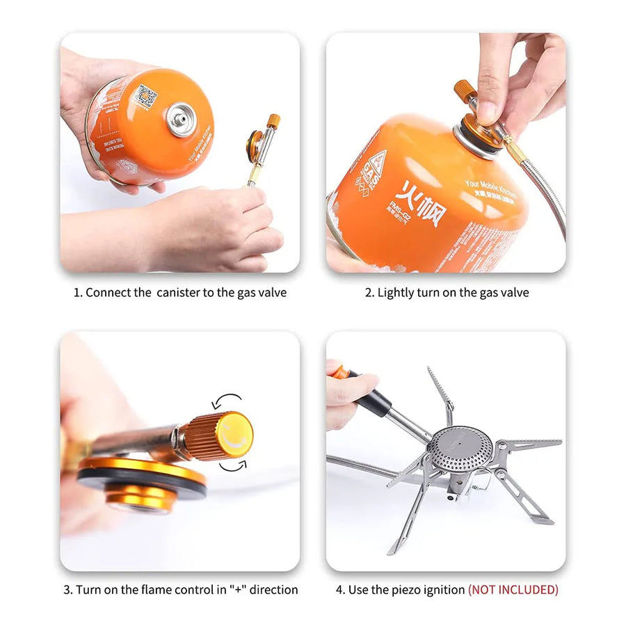 Step-by-step guide on how to use a gas stove with a canister, including connecting the canister, turning on the gas valve, and using the flame control.