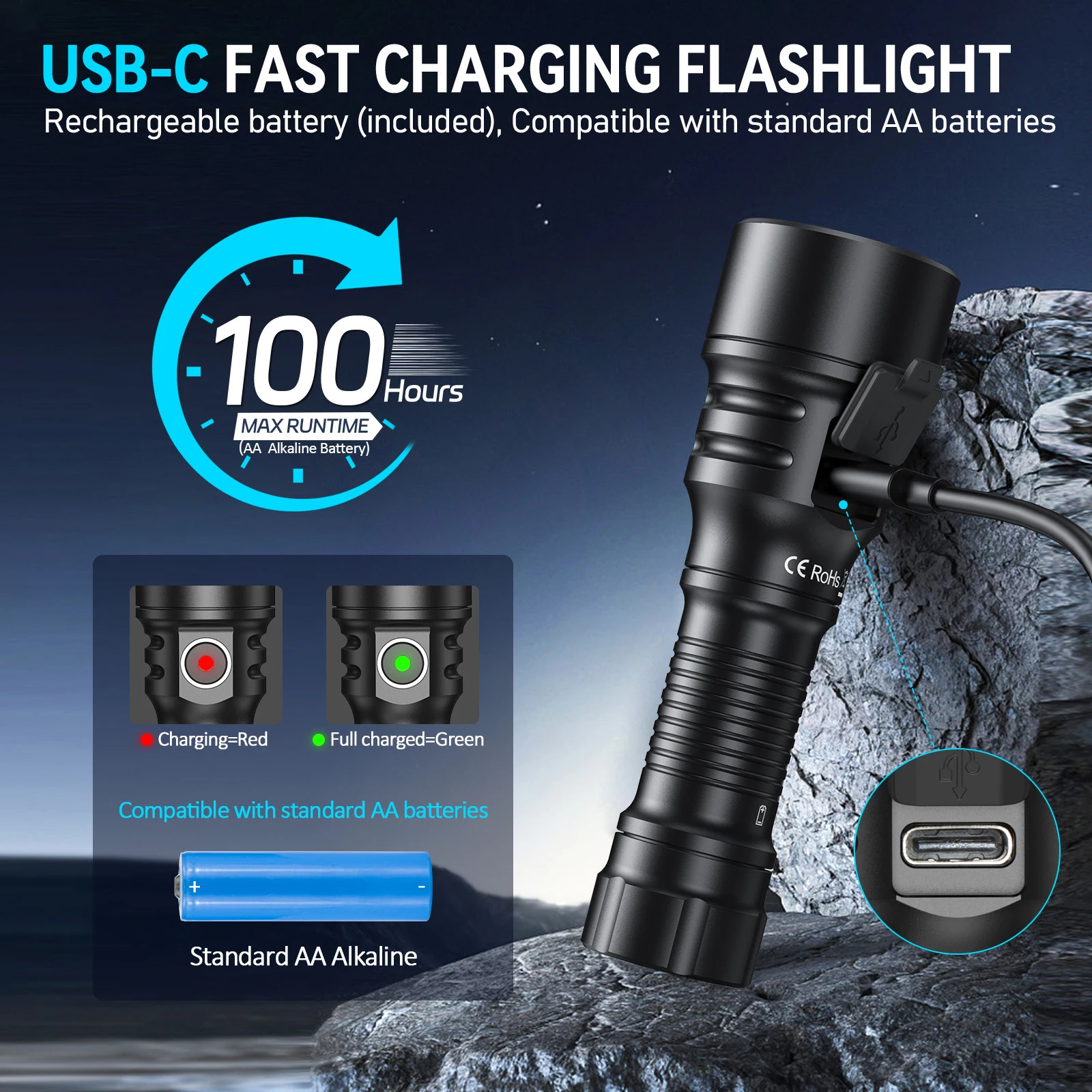 Black USB-C fast charging flashlight with charging indicator on a rocky surface