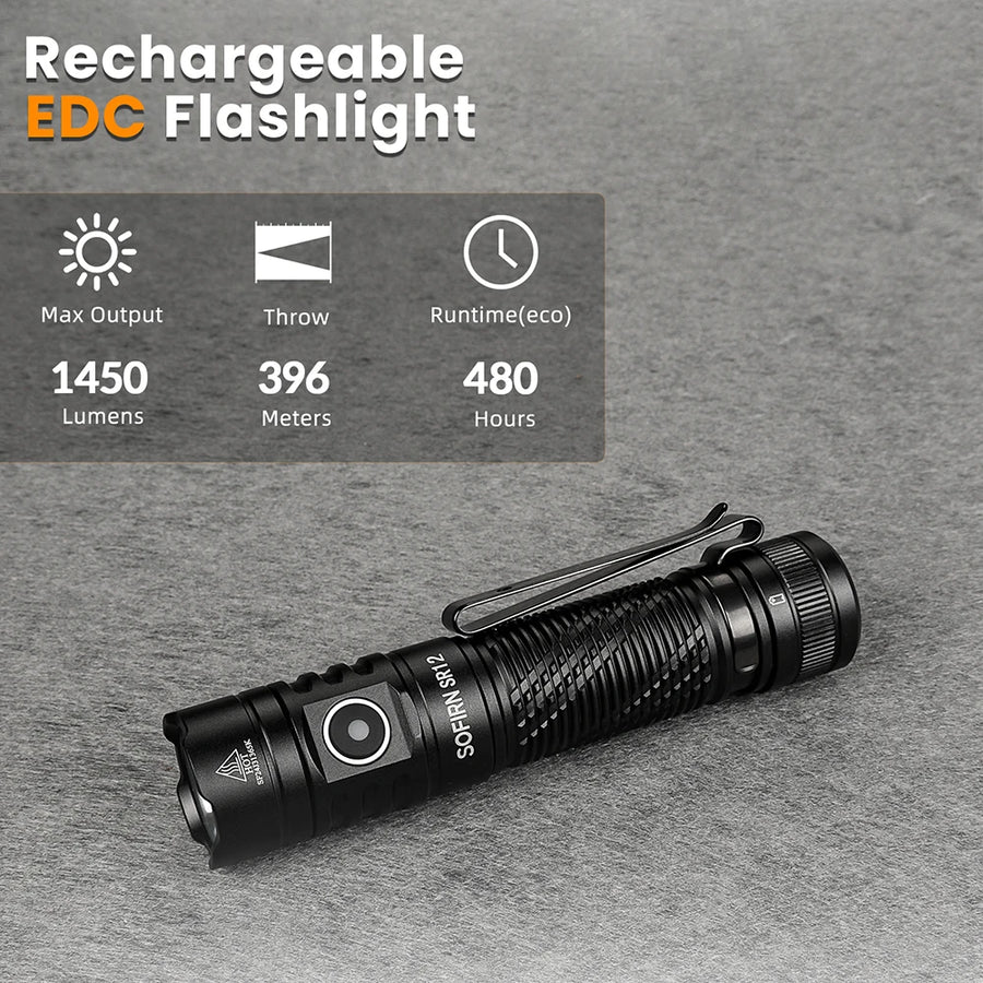 Rechargeable EDC flashlight with specifications on a gray background