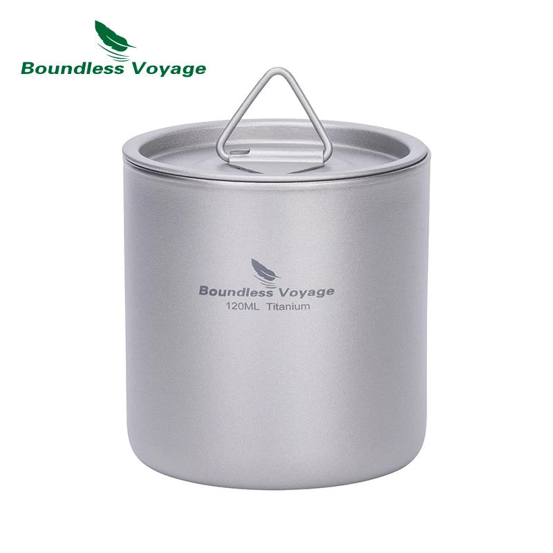Titanium mug with lid on a white background, featuring 'Boundless Voyage' branding.