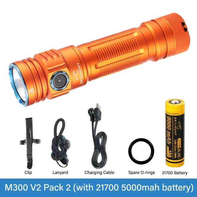 Orange flashlight with accessories on a white background