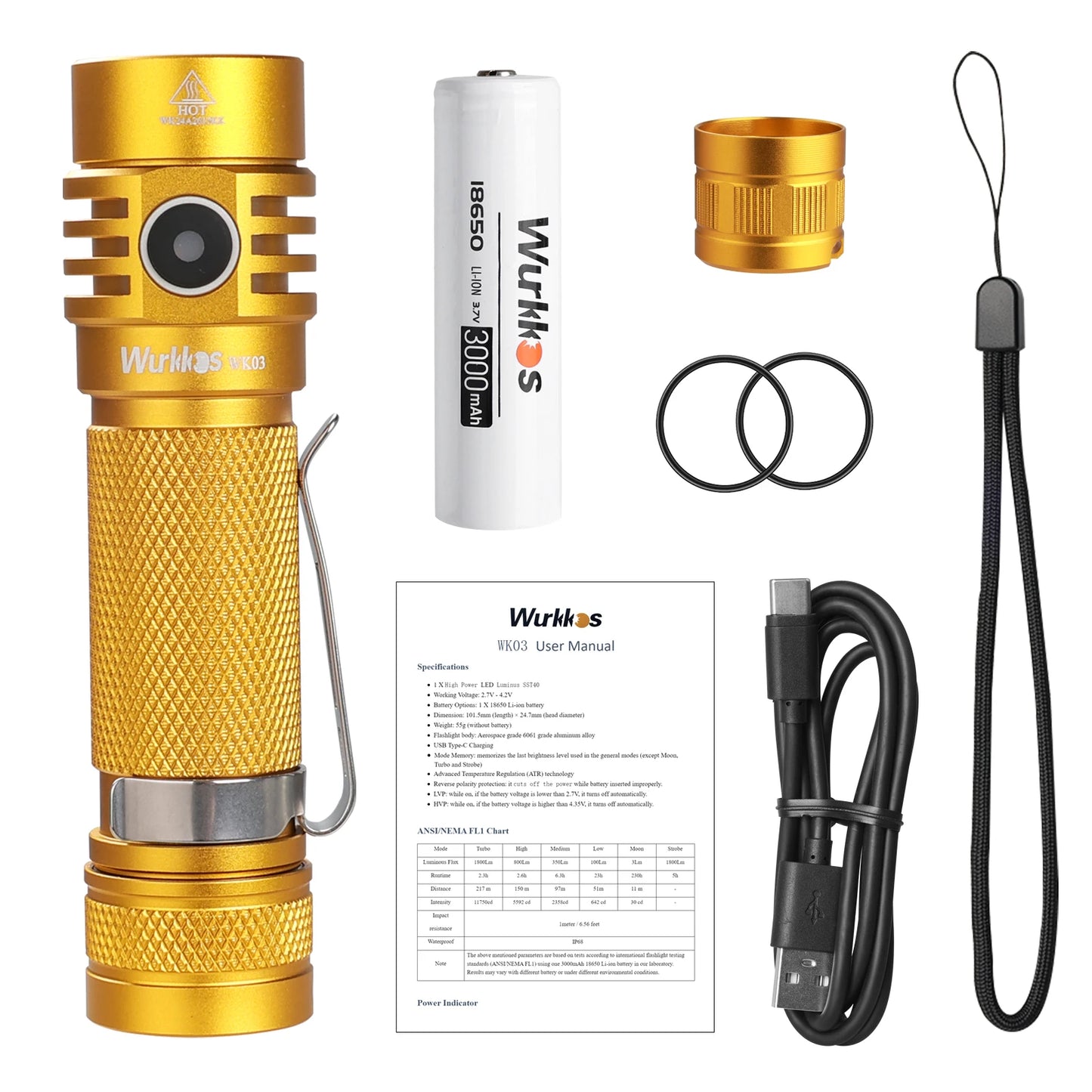 Gold flashlight with battery, lanyard, and USB cable on a white background