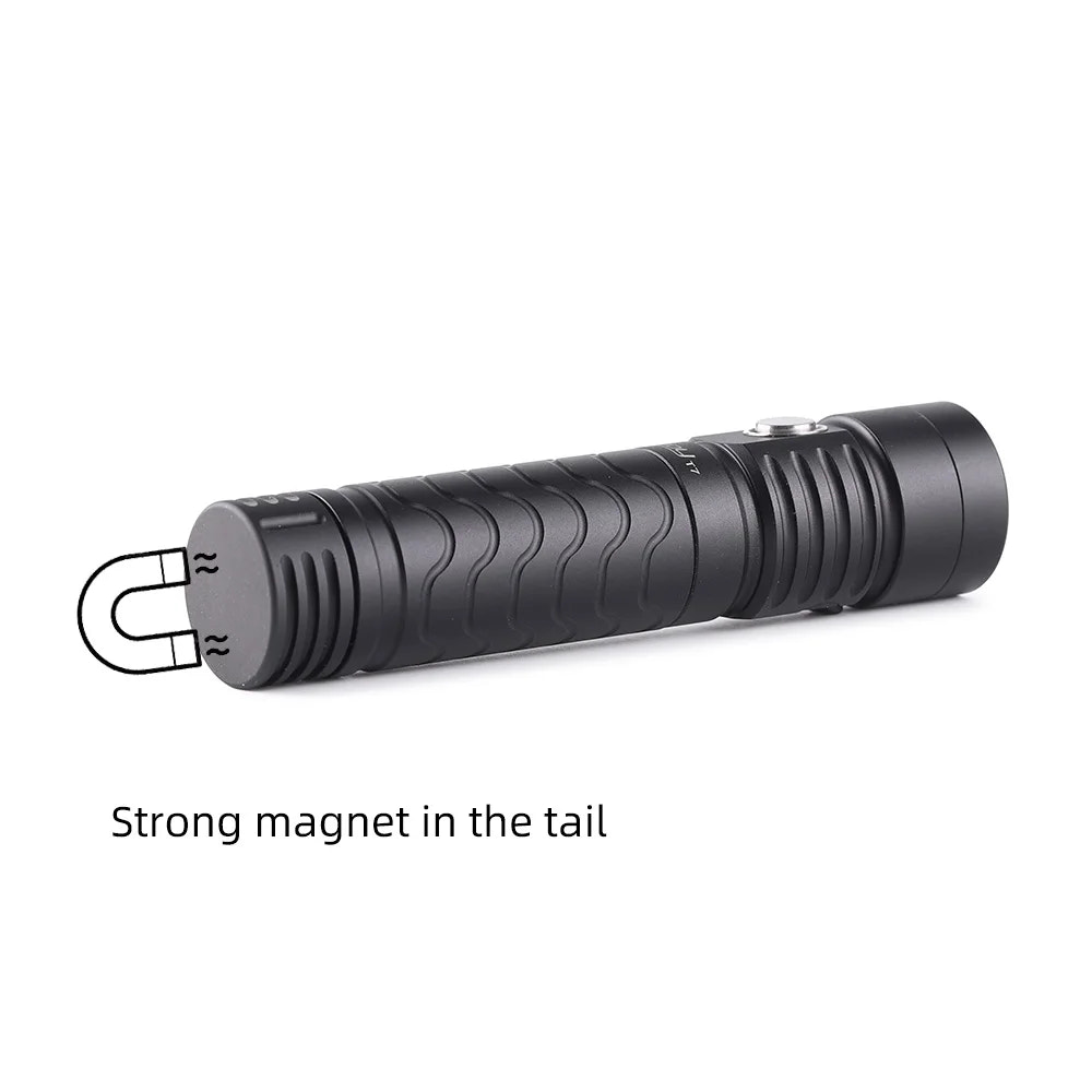 Black flashlight with a strong magnet on a white background