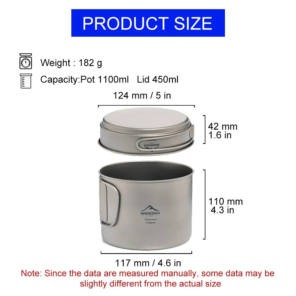 Measurement chart for a camping pot and lid with weight, capacity, and dimensions.