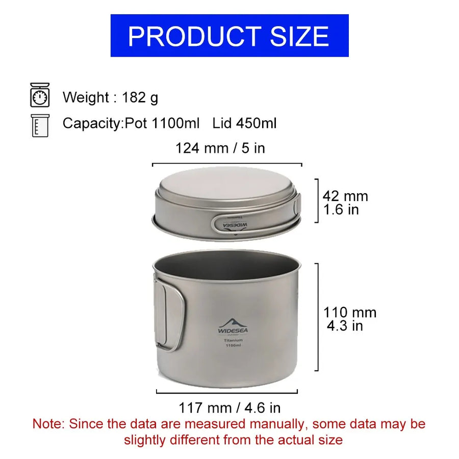 Measurement chart for a camping pot and lid with weight, capacity, and dimensions.