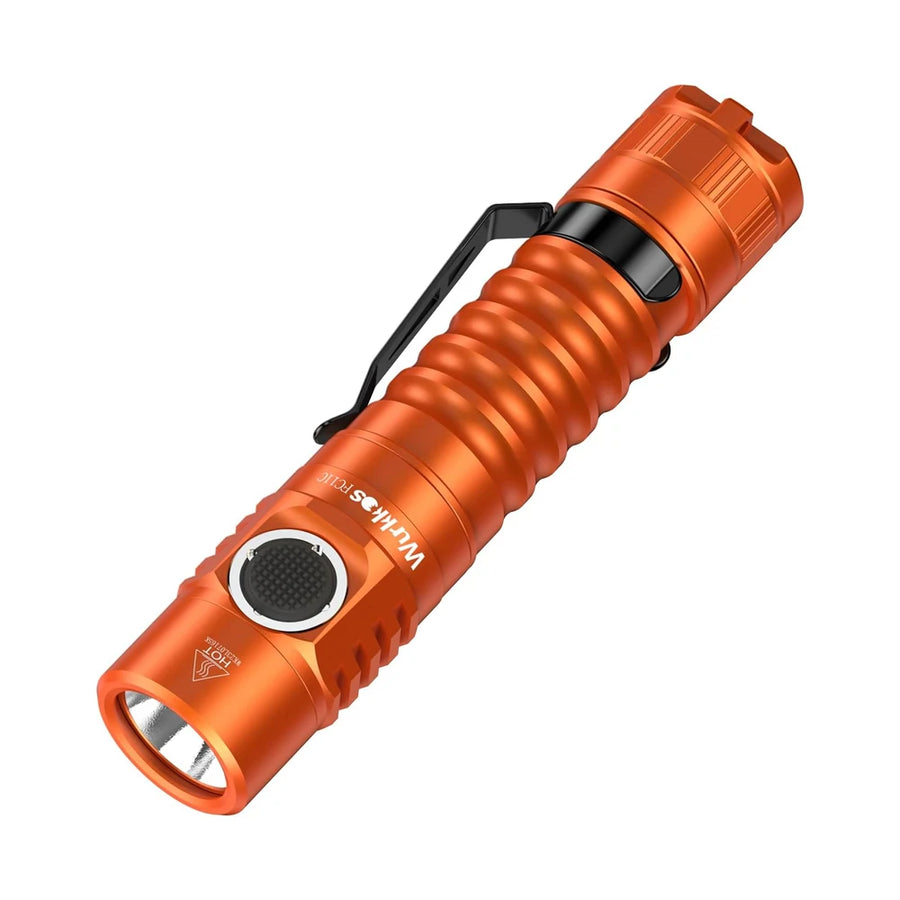 Orange flashlight with a visible brand logo on a white background