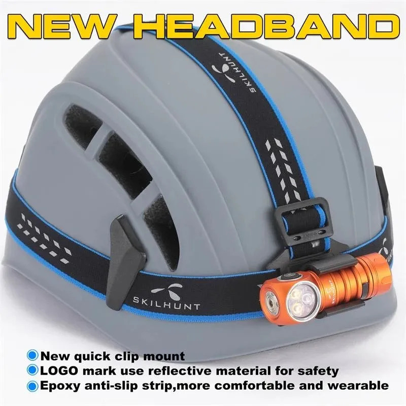 Gray helmet with orange headlamp and Skilhunt branding on a white background