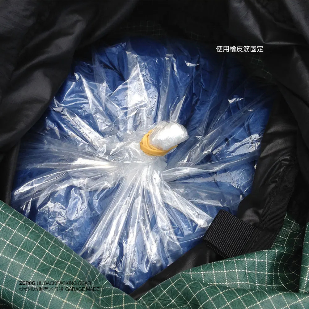 Clear plastic bag inside a black bag on a green grid background