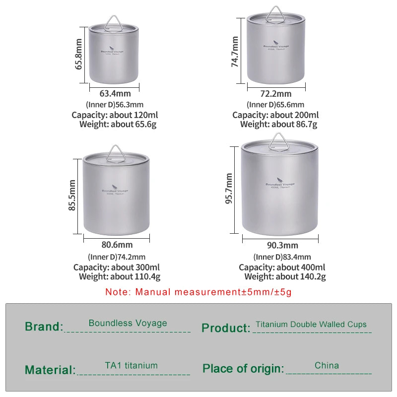 Titanium double-walled cups with dimensions, capacities, and weights on a white background.