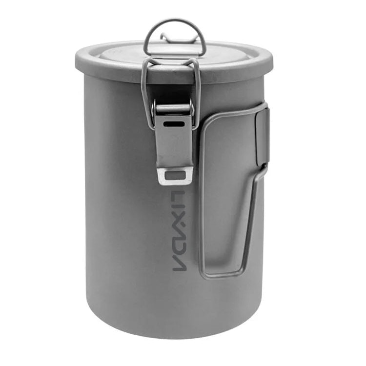Gray titanium camping pot with lid on a white background