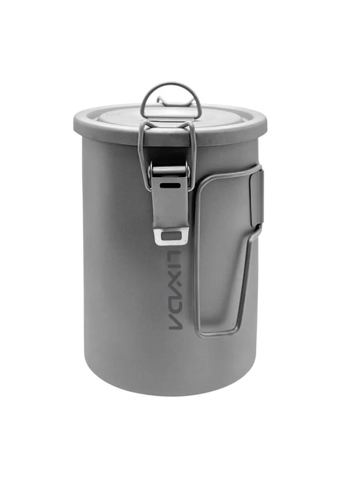 Gray titanium camping pot with lid on a white background