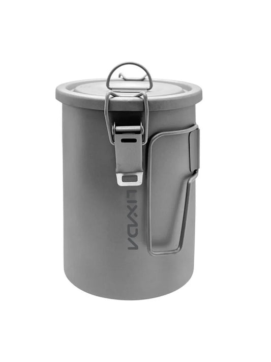 Gray titanium camping pot with lid on a white background