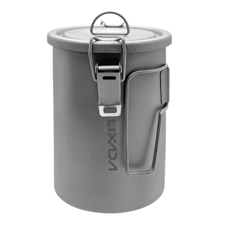 Gray titanium camping pot with lid on a white background