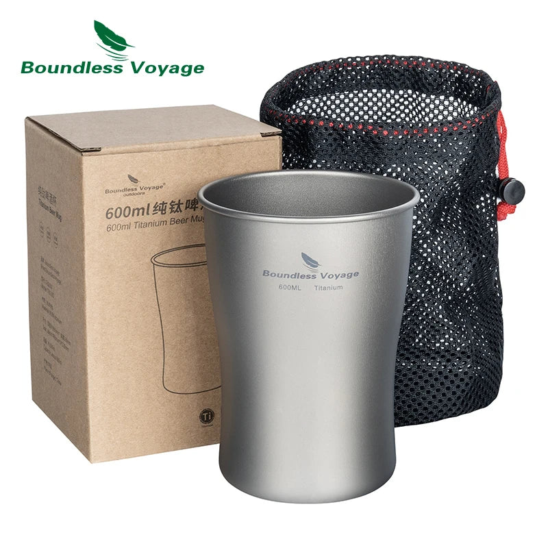Titanium mug with packaging and mesh bag on a white background, featuring 'Boundless Voyage' brand.