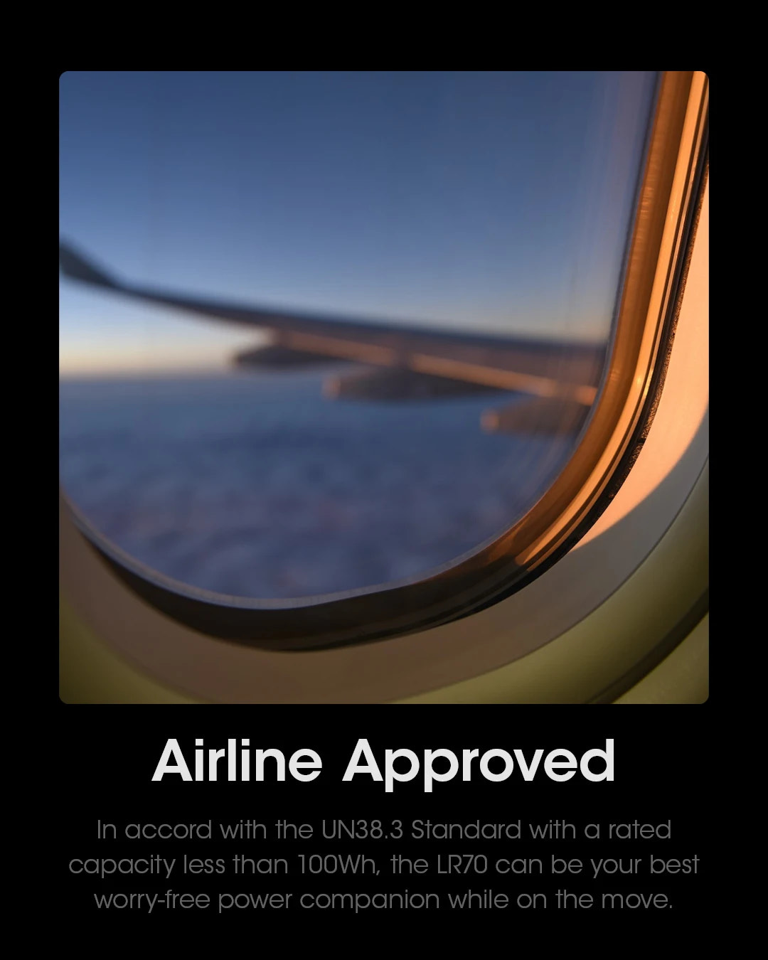 Airplane window view with 'Airline Approved' text and product description.