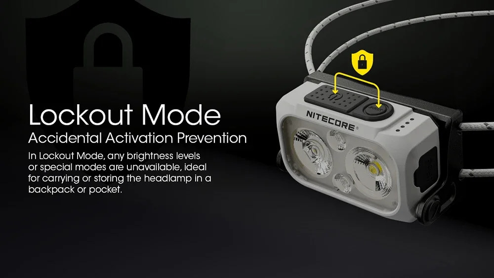 Nitecore headlamp with lockout mode feature on a black background