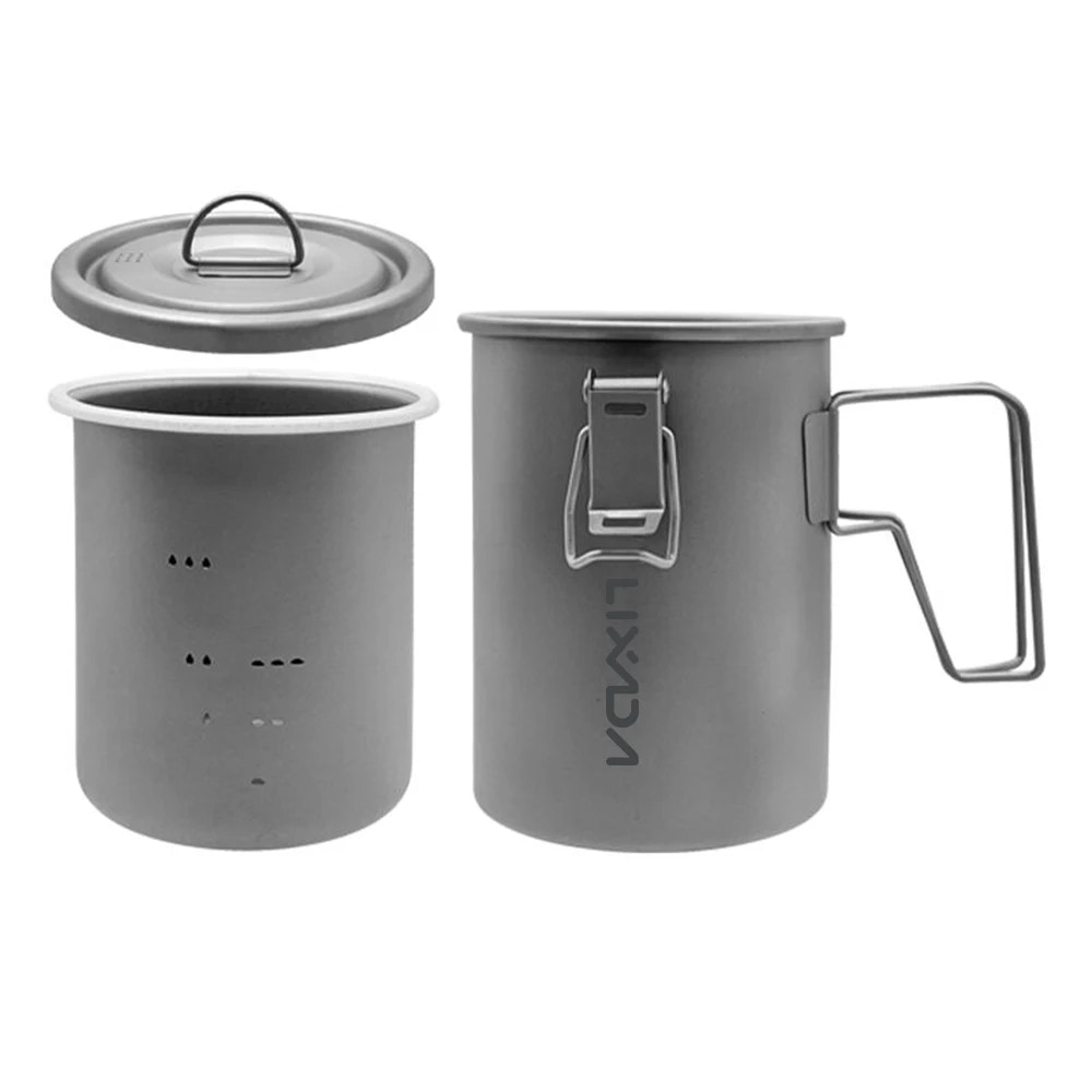 Gray camping cookware set with lid on a white background