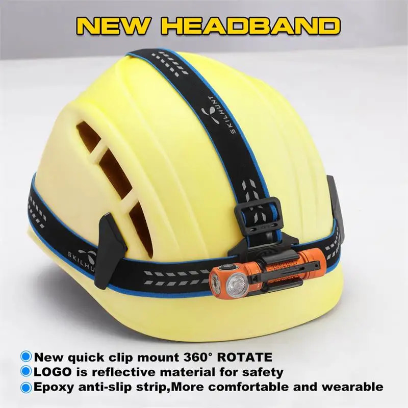 Yellow helmet with a black headband and attached flashlight on a gray background
