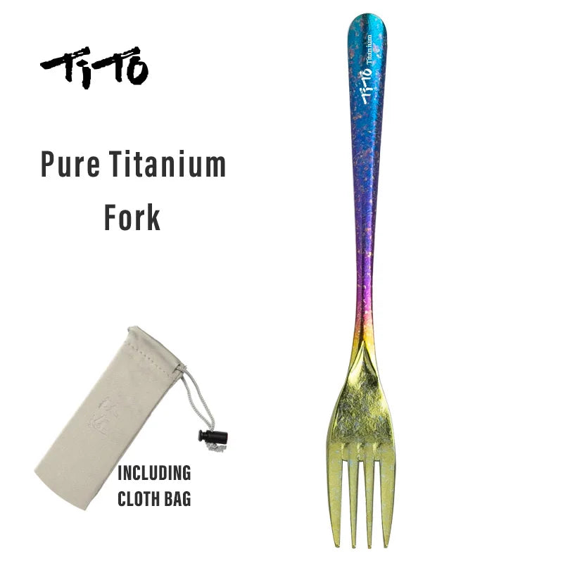 Pure Titanium Fork with colorful handle and cloth bag on white background