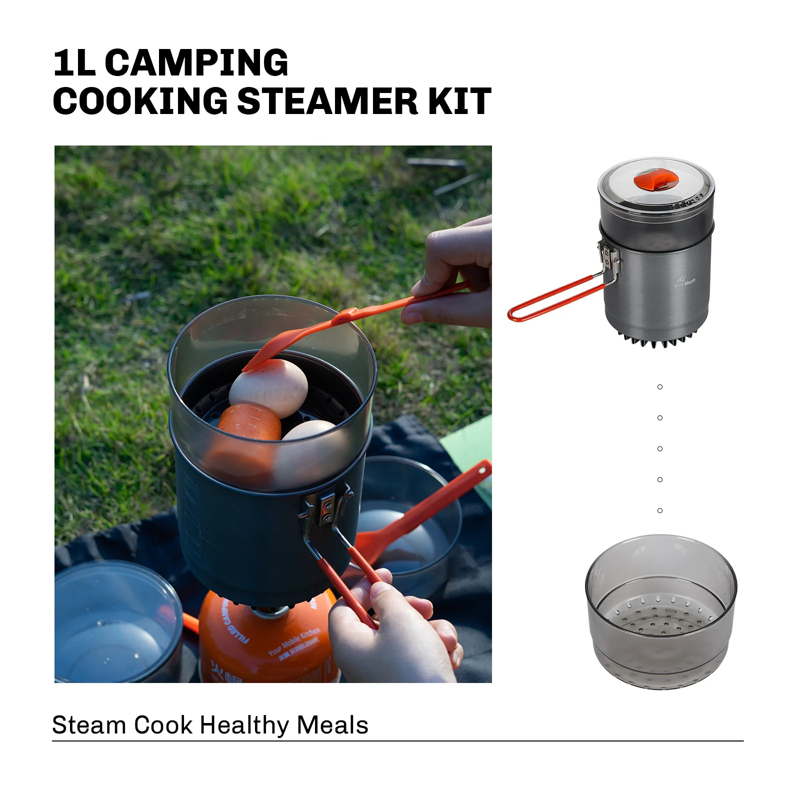 Camping cooking steamer kit with eggs being cooked outdoors
