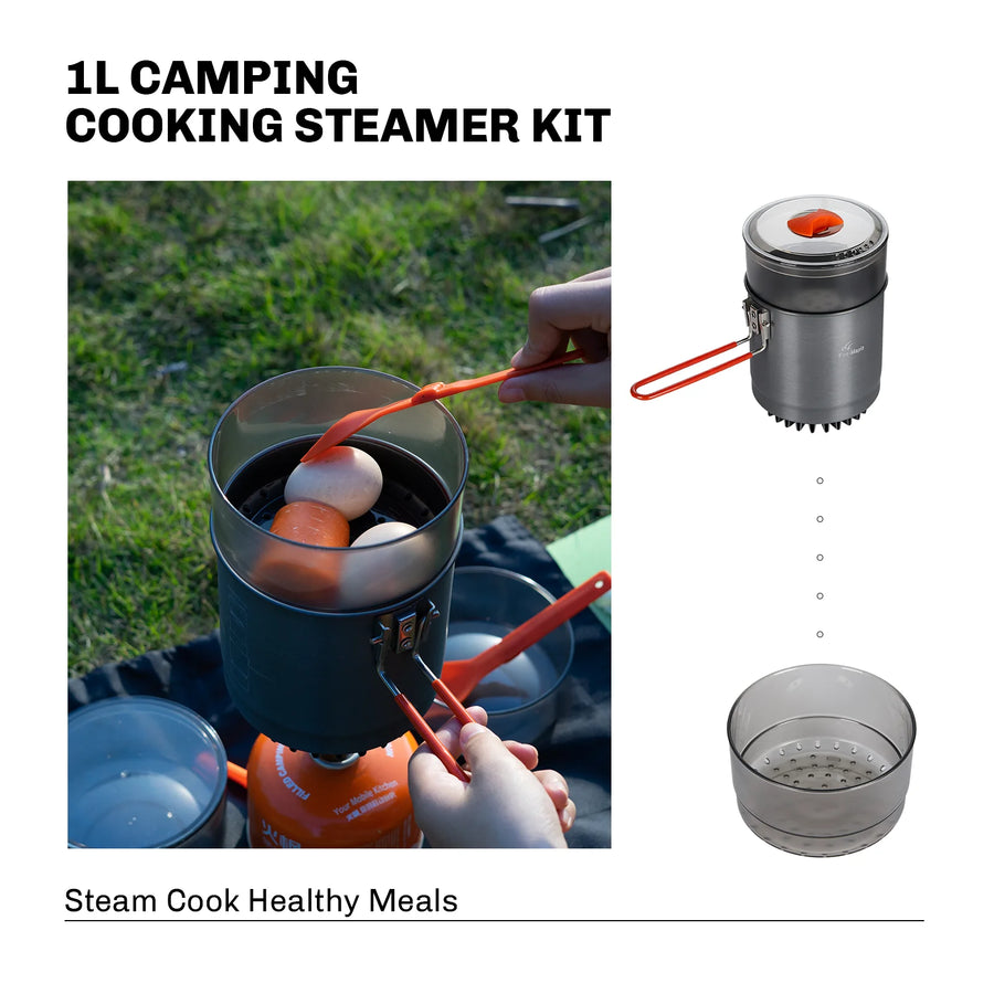 Camping cooking steamer kit with eggs being cooked outdoors
