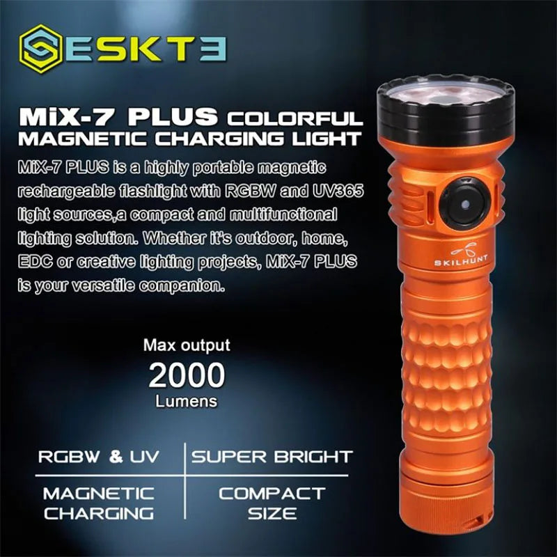 Orange flashlight with text about features and specifications on a dark background