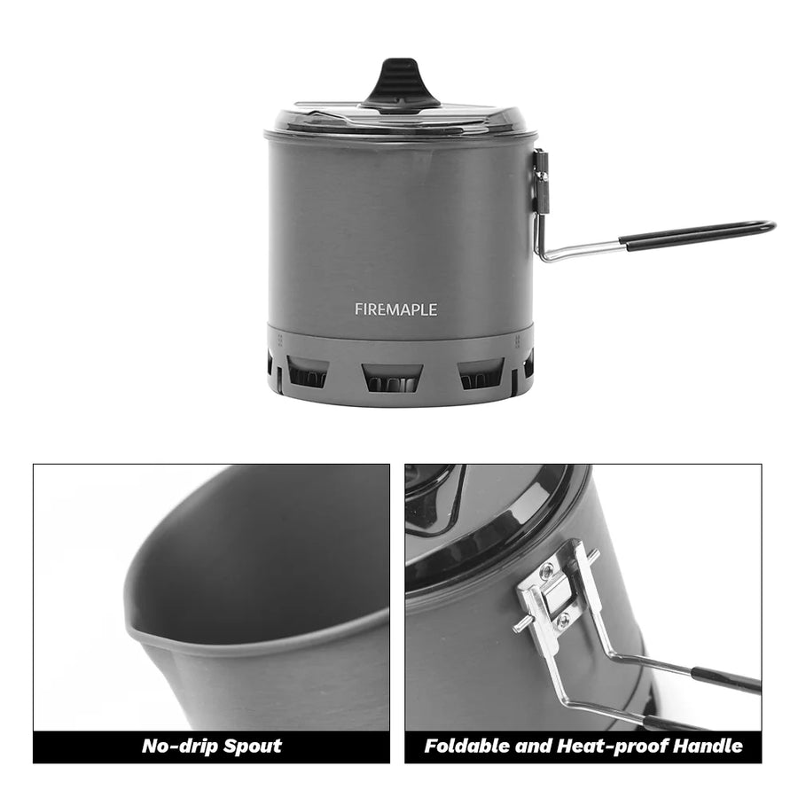 Gray camping stove with no-drip spout and foldable handle on a white background