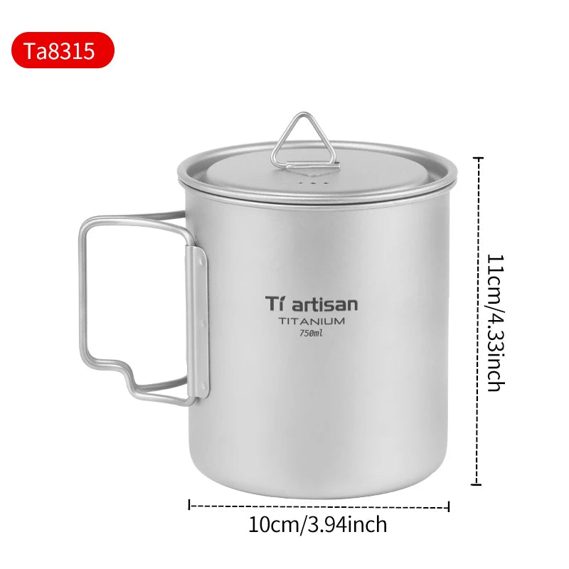 titanium mug with lid and dimensions on a white background