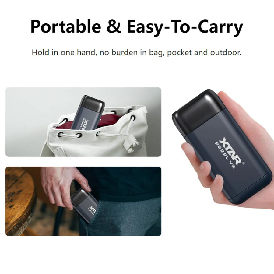 Black electronic device held in a hand with text about portability and ease of carrying.
