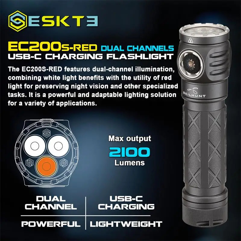 ESKT3 EC200S-RED dual-channel USB-C charging flashlight with specifications on a dark background