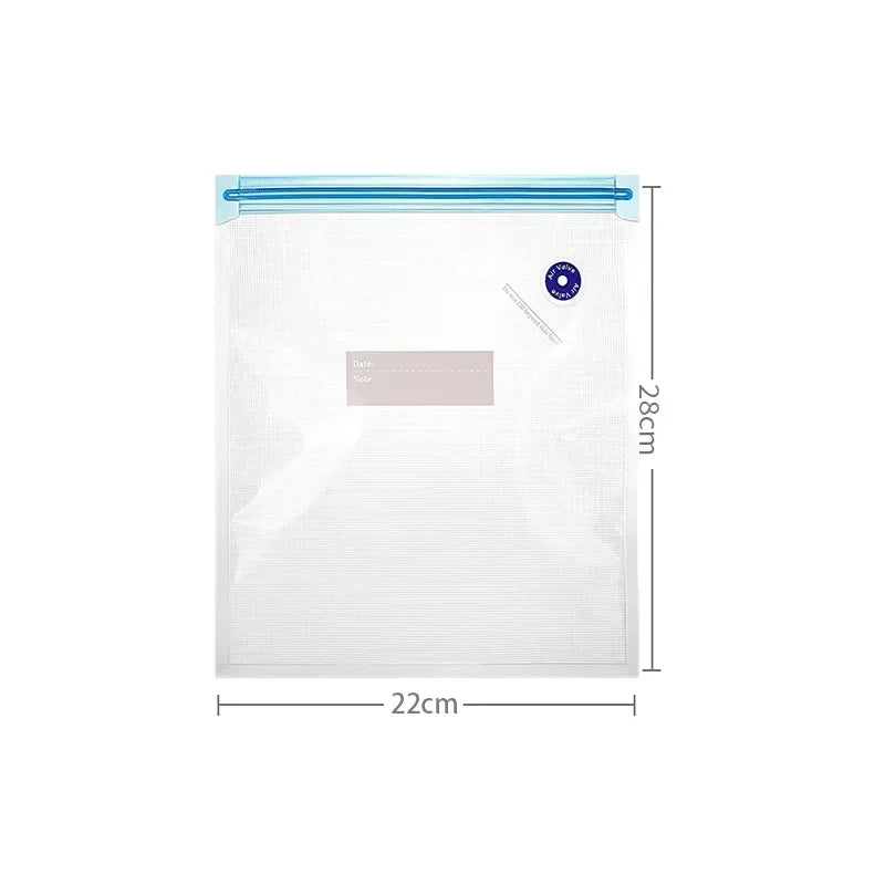 Clear storage bag with blue zipper and measurements on a white background