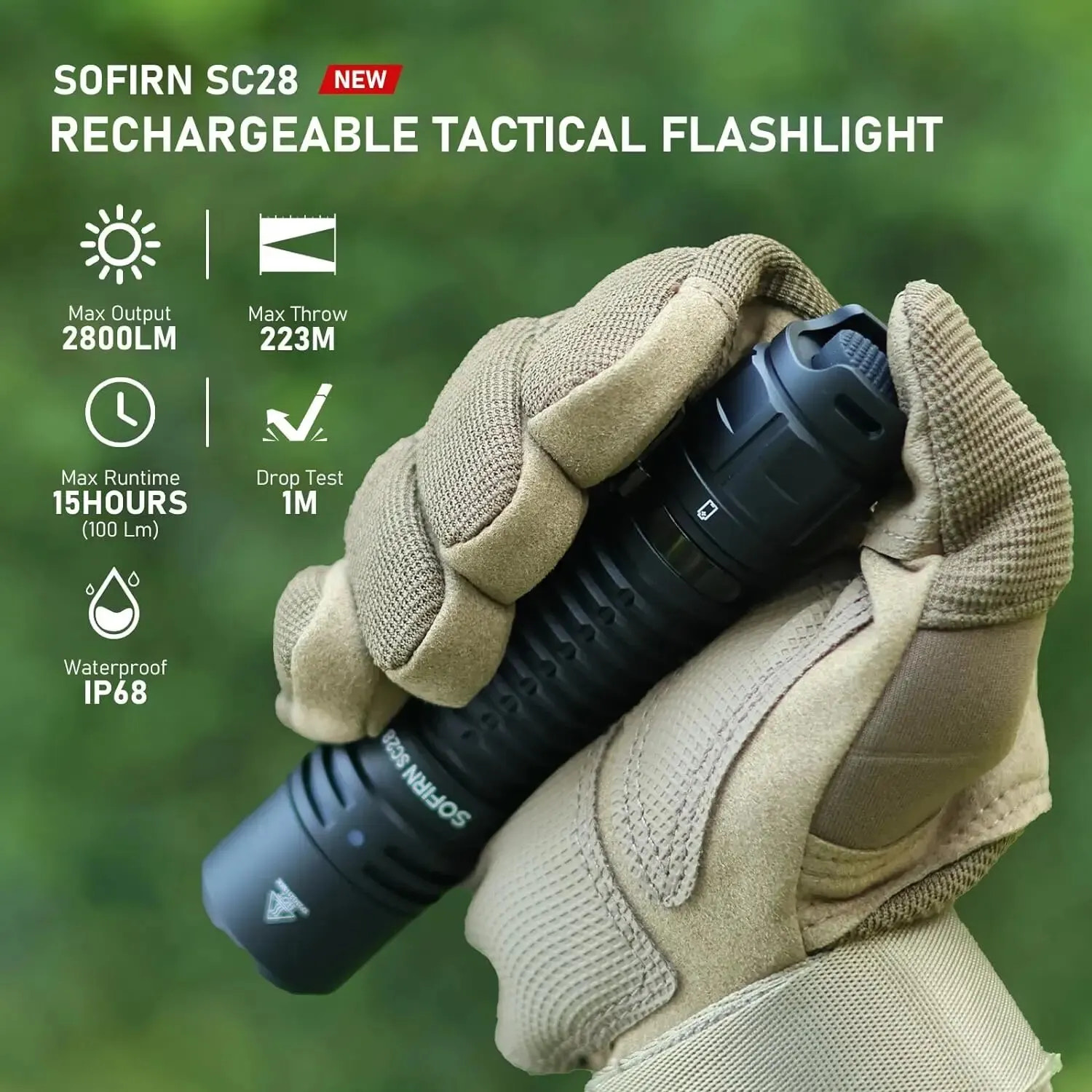 SOFIRN SC28 rechargeable tactical flashlight held in a gloved hand with product features displayed.
