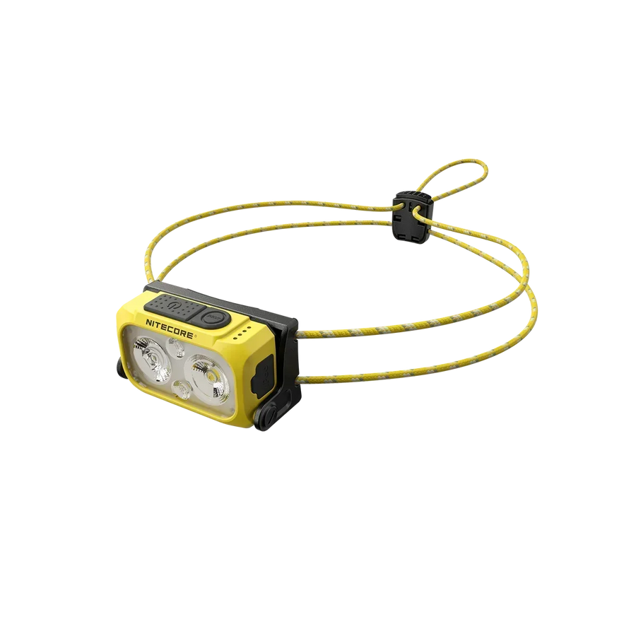 Yellow and black flashlight with a lanyard on a white background