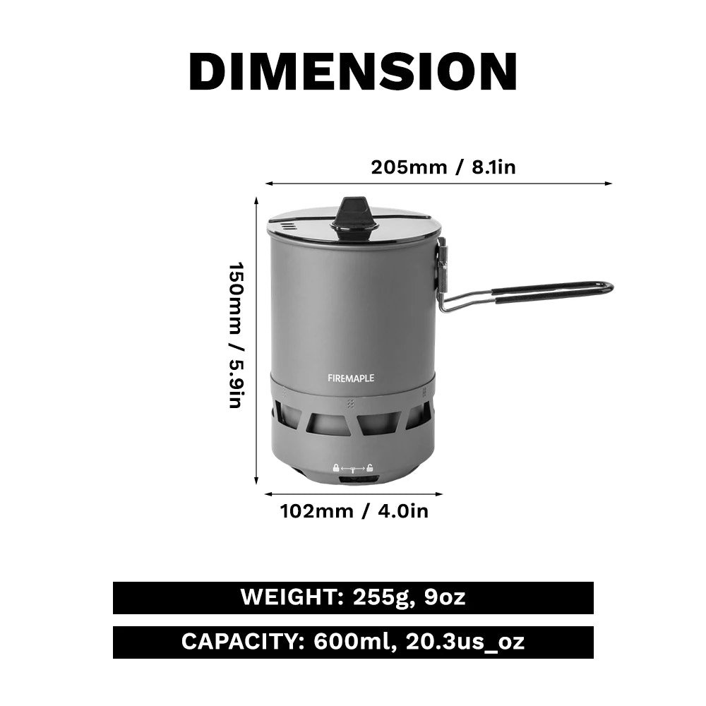 FIREMAPLE camping stove with dimensions and weight on a white background